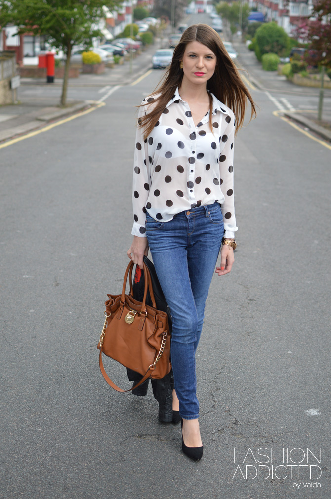 polka dot shirt with jeans