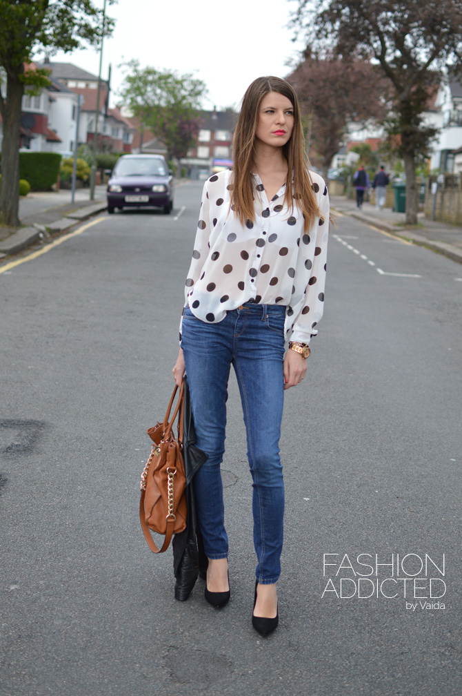 polka dot shirt with jeans