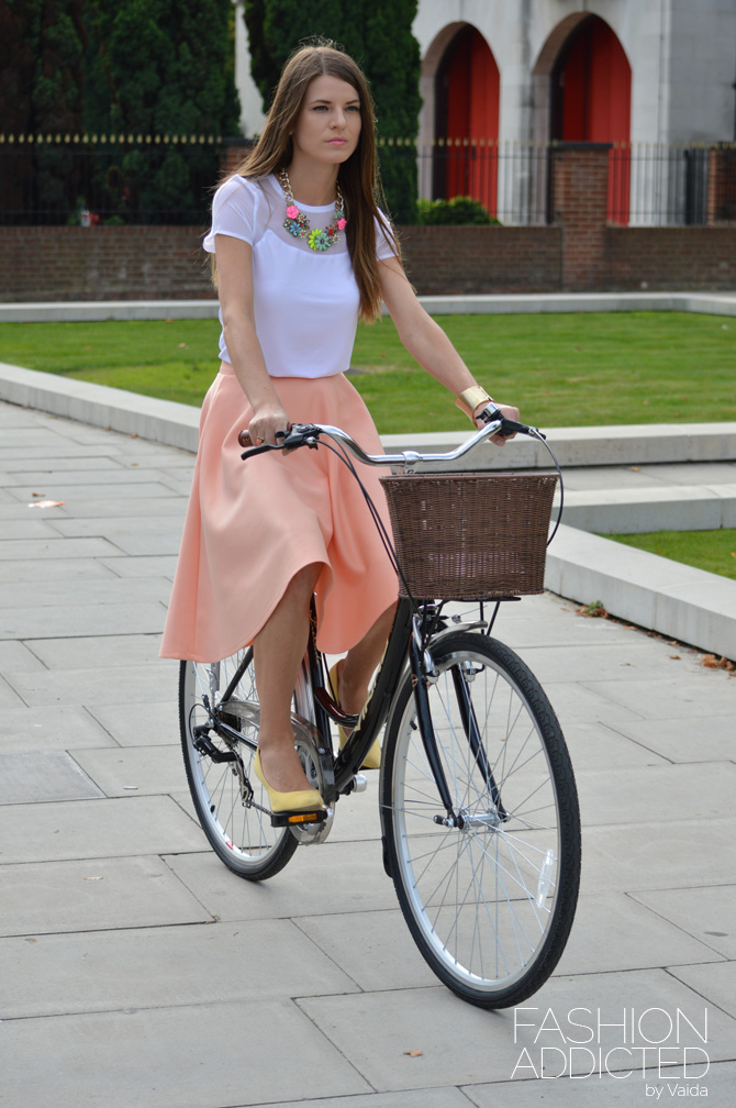 Riding a Bike in ASOS Midi Peach Skirt - Fashion Addicted