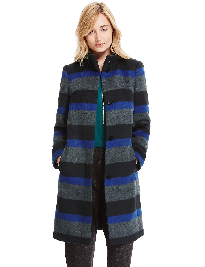 Funnel Neck Striped Overcoat with Wool