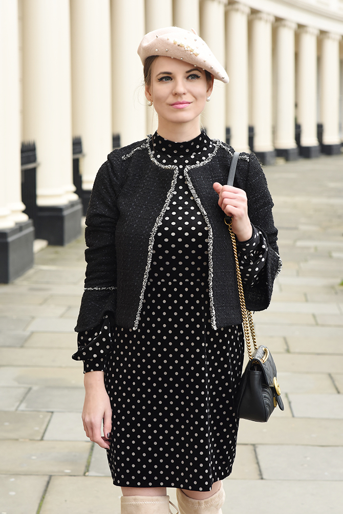 How-To-Wear-Dress-in-Winter-parisian-look-beret-hat-polka-dot-dress