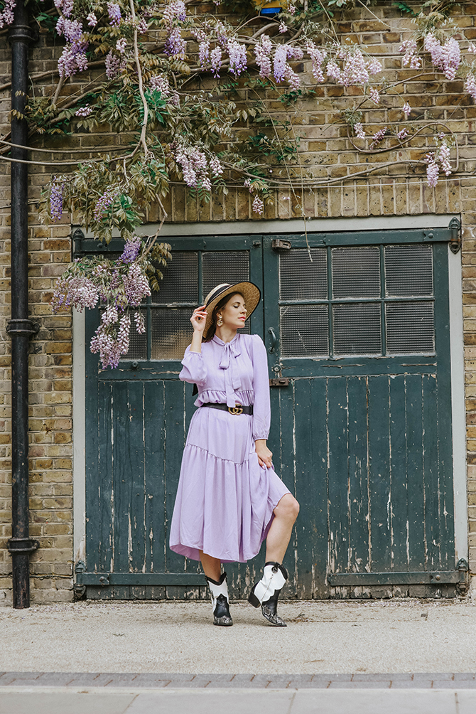 most-instagrammable-wisteria-london-fashion-blogger-lilac-dress-cowboy-boots-5