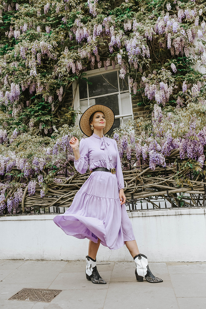most-instagrammable-wisteria-london-fashion-blogger-lilac-dress-cowboy-boots