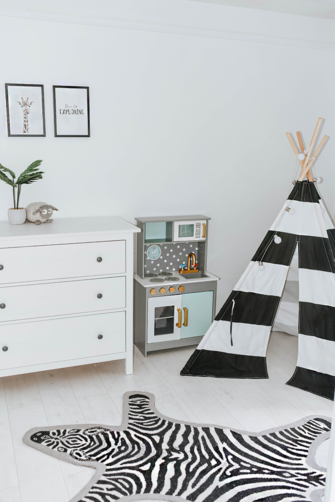 kids-bedroom-nursery-ideas-teepee-tent-kids-kitchen-ikea-hemnes-drawers-amara-living-zebra-rug